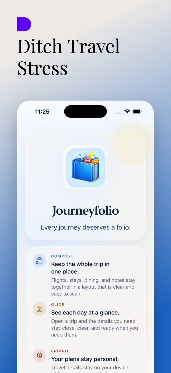 Journeyfolio app screen 1